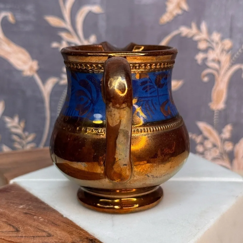 Antique 19th C English Copper Luster Blue Floral Band 3 1/4